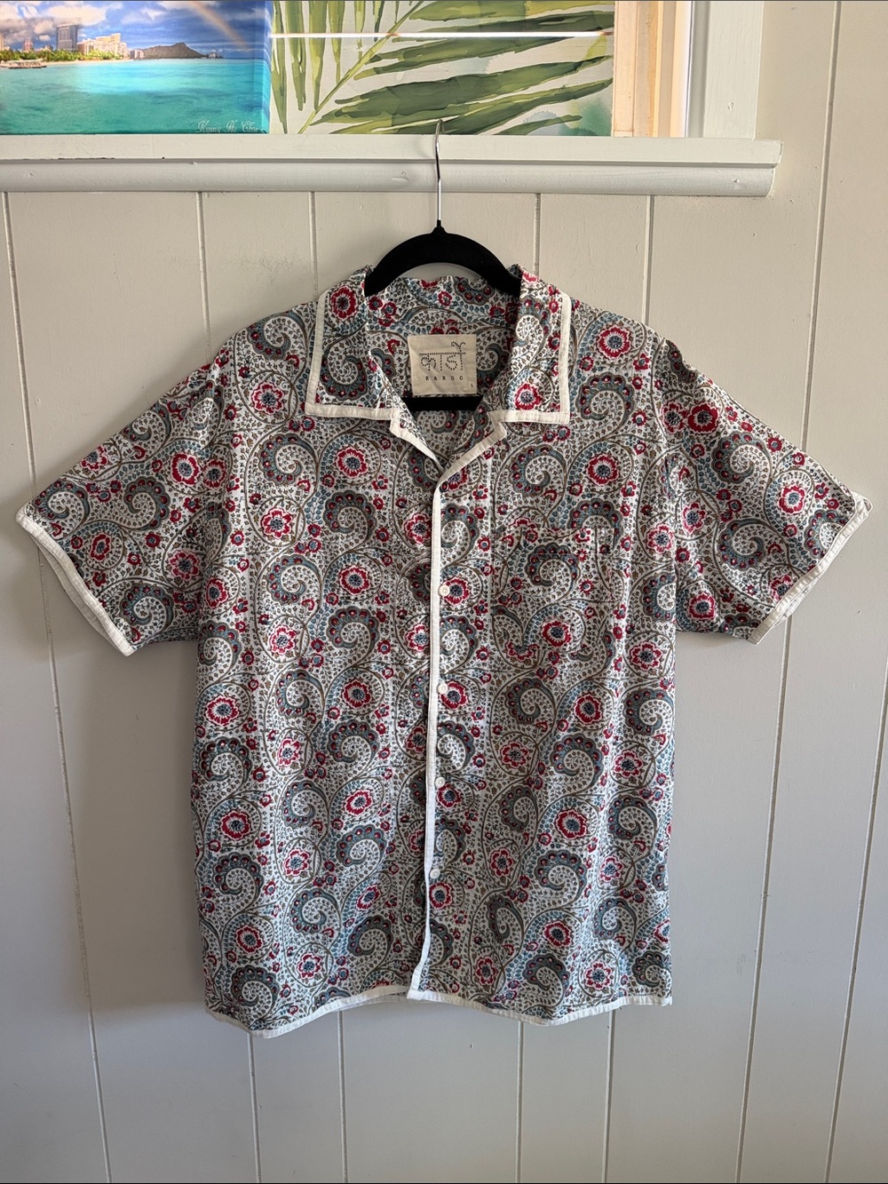 KARDO Men's Shirt Chintan Block Print Handcrafted Paisley Camp Shirt Size Large
